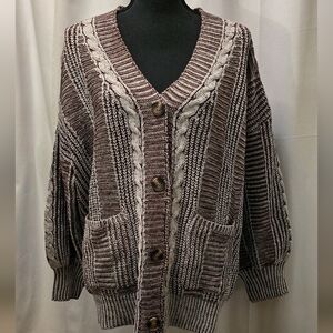 Amazon Women's Oversized Cardigan - Dark Maroon/Brown and Cream